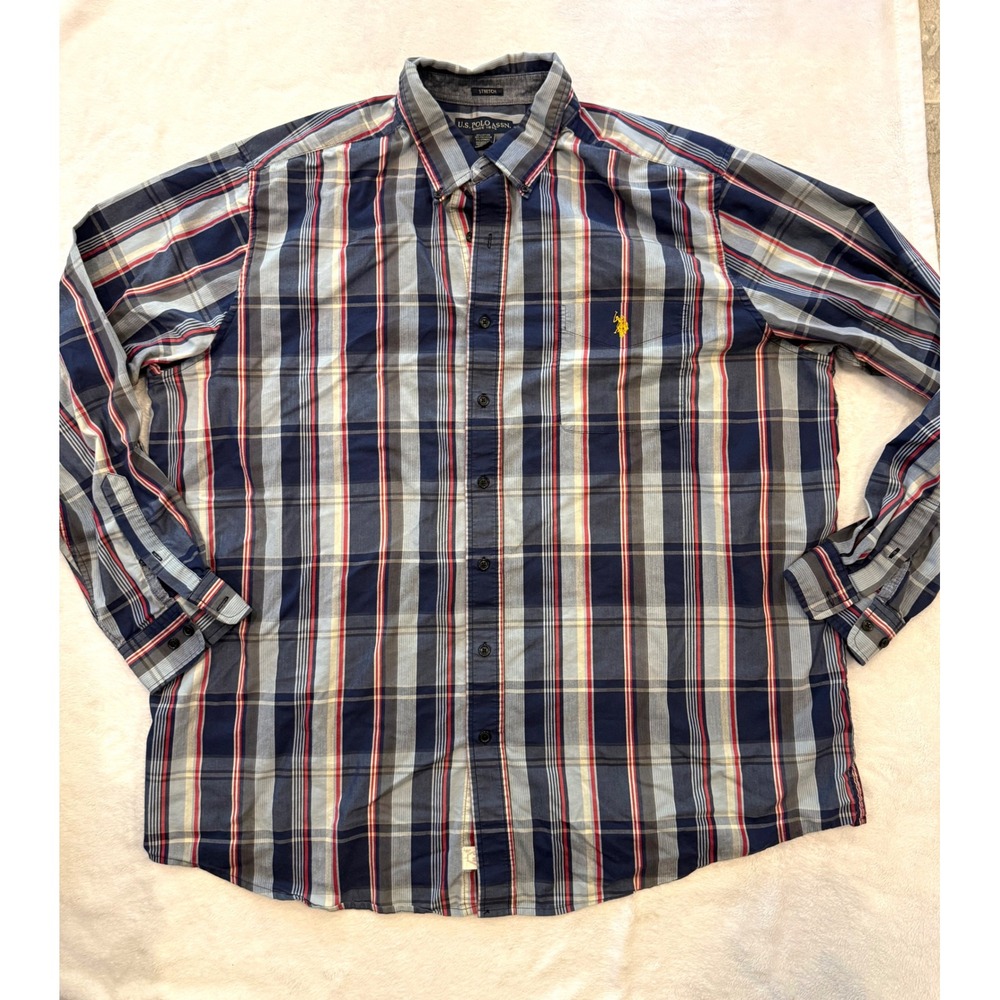 US Polo Assn Mens 2XLT Plaid Button Down Shirt Navy Blue Red Stretch Long Sleeve